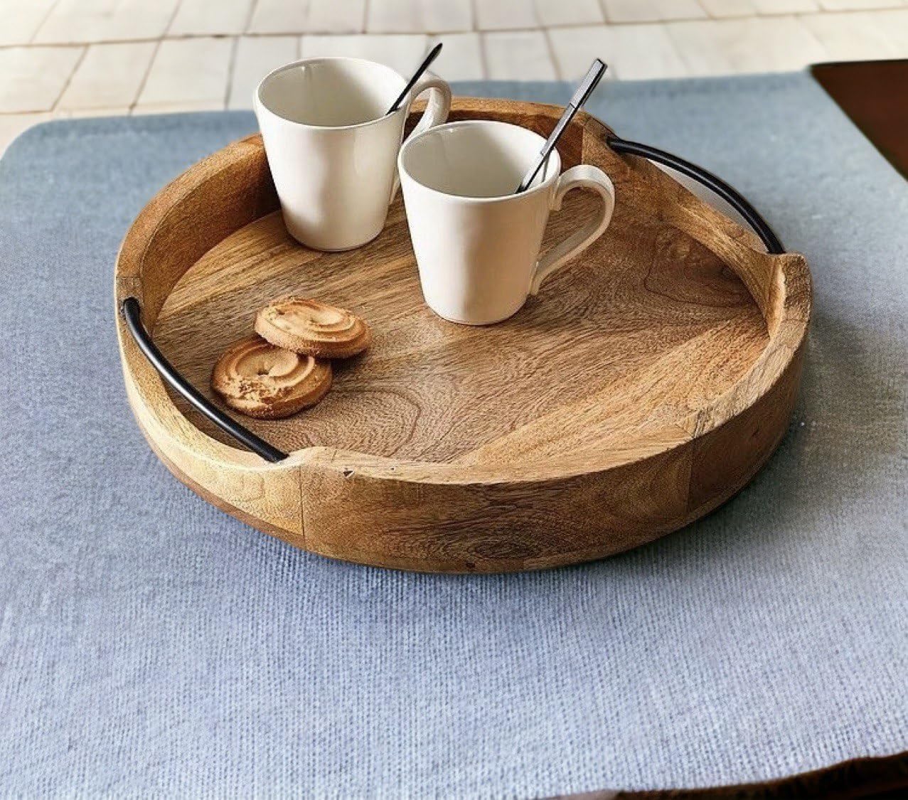 Craft Mshopr Medium Rustic Round Wooden Serving Tray 10X10X2 Inches - Handcrafted Mango Wood With Iron Handles - Decorative Kitc
